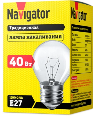 Лампа накаливания Navigator NI-C-40-230-E27-CL шарик прозрачный P45 40W E27 400lm 3000К, 94310