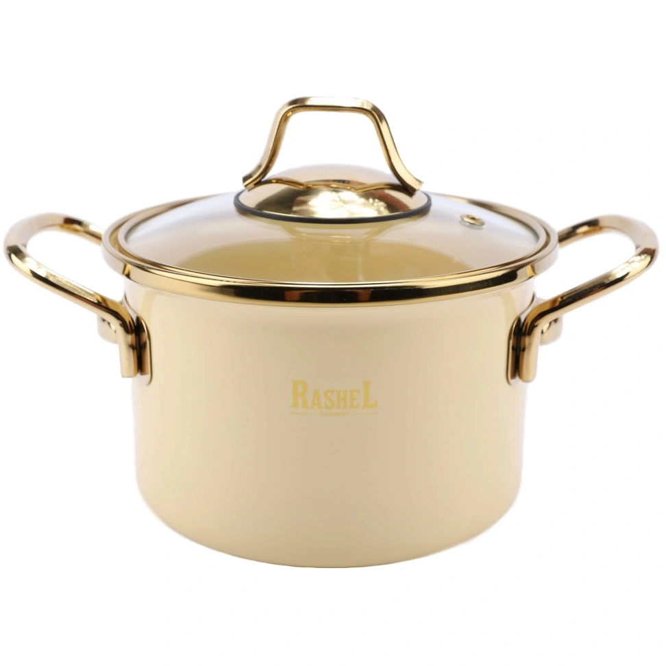 Кастрюля эмалированная кремовая Rashel R-07716 со стеклянной крышкой, круглая, ручки золото, 2,1 л купить в отделе Кастрюли, ковши, кокотницы магазина Экономстрой
