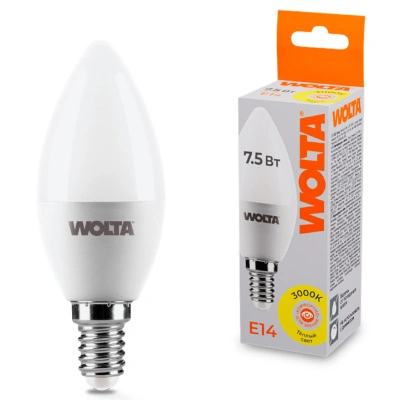 Лампа светодиодная Wolta LED С37 25YC7.5E14 / E14, свеча, 7,5 Вт, 625lm 3000K купить в отделе магазина Экономстрой