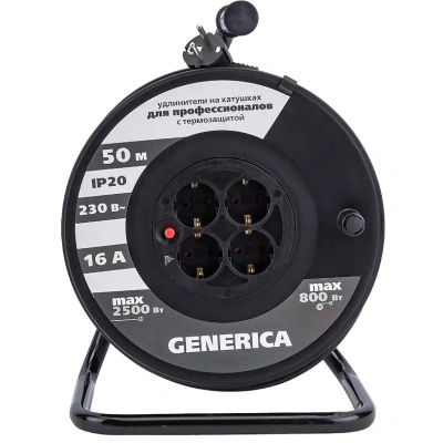 Катушка Generica УК50 с термозащитой, 4 гнезда, 2Р+РЕ/50 м, 3 х1,5 мм2, IP20
