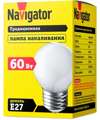 Лампа накаливания Navigator NI-C-60-230-E27-FR шарик матовый P45 60W E27 640lm 3000К, 94313