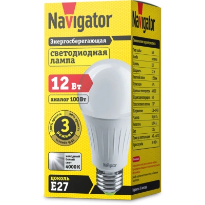 Лампа светодиодная Navigator 61 627 NLL-A60-12-230-4K-E27, груша, 12 Вт, 1150lm, 4000К