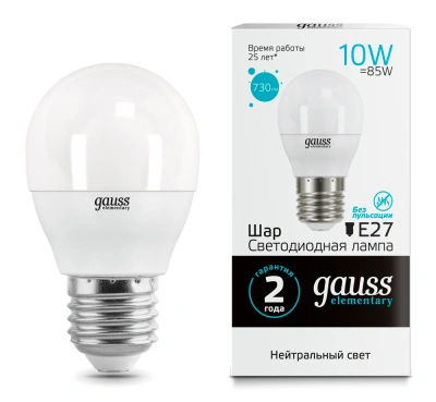 Лампа светодиодная Gauss Elementary LED Globe Шар матовый E27 10W 730lm 4100К, 53220
