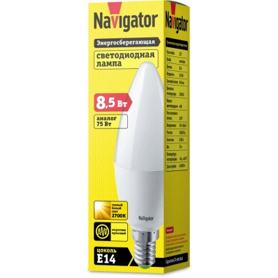 Лампа светодиодная Navigator 61 324 NLL-C37-8.5-230-2.7K-E14-FR, свеча, 8,5 Вт, 640lm, 2700К