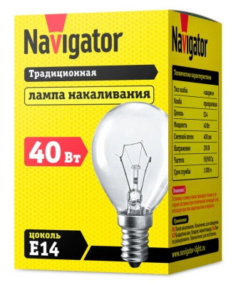 Лампа накаливания Navigator NI-C-40-230-E14-CL шарик прозрачный P45 40W E14 400lm 3000К, 94314