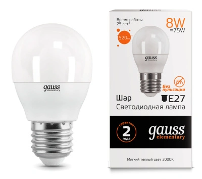 Лампа светодиодная Gauss Elementary LED Globe Шар матовый E27 8W 520lm 3000К, 53218 купить в отделе магазина Экономстрой