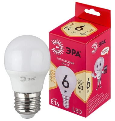 Лампа светодиодная Эра Red Line LED P45-6W-827-E14 R Е14 / E14, шар, 6 Вт, 480lm 2700К, Б0051058 купить в отделе магазина Экономстрой