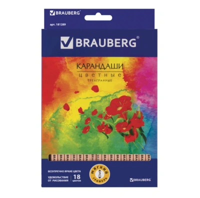 Карандаши цветные BRAUBERG &quot;Цветы&quot;, набор 18 цветов, трехгранные, лакированное дерево, 181289 746975