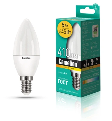 Лампа светодиодная Camelion LED5-C35/830/E14, свеча, 5 Вт, 410lm 3000К, 12031
