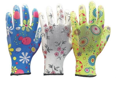 Перчатки "САДОВЫЕ" зеленые (100%нейлон 13-го класса вязки,с принтом, покрытие-прозрач. нитрил) р. 7 купить в отделе магазина Экономстрой