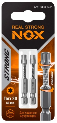 Набор торсионных бит, E 6,3 TX-30-50 мм, Nox Strong, S2, 339305-2 (2 шт/карта)