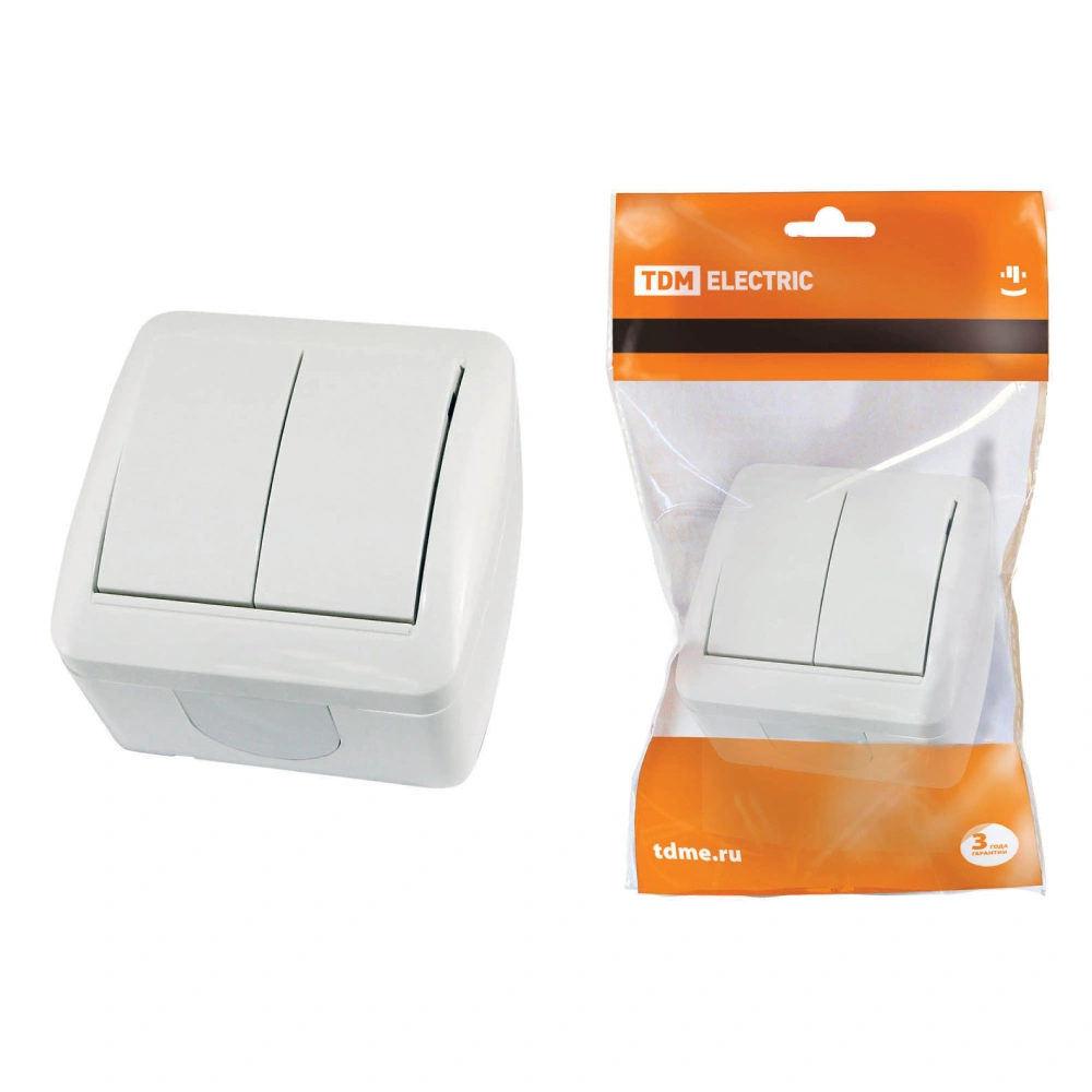 картинка Выключатель TDM, Селигер, 2 клавишный, открытой установки, белый, 10А от магазина Экономстрой