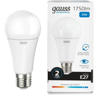 Лампа светодиодная Gauss Elementary LED Груша матовая E27 А60 20W 1750lm 6500К, 2059726 купить в отделе магазина Экономстрой
