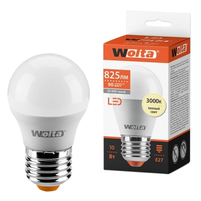 Лампа светодиодная Wolta LED G45 25Y45GL10E27 / E27, шар, 10 Вт, 825lm 3000К купить в отделе магазина Экономстрой