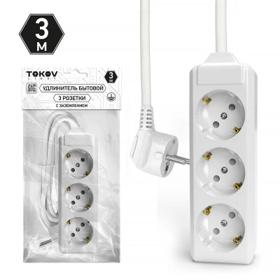 Удлинитель сетевой Tokov 3 м, 3 розетки с заземлением, 10А, ПВС 3х1,5 купить в отделе магазина Экономстрой
