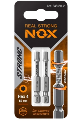 Набор торсионных бит, E 6,3 HEX4-50 мм, Nox Strong, S2, 338450-2 (2 шт/карта)