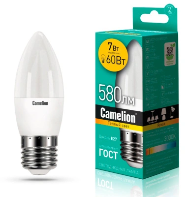 Лампа светодиодная Camelion LED7-C35/830/E27, свеча матовая, 7 Вт, 580lm 3000К, 12077