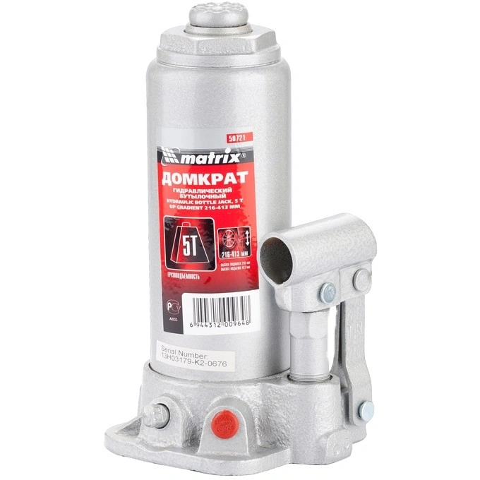 картинка Домкрат гидравлический бутылочный, 5 т, высота подъема 216–413 мм Matrix 50721 от магазина Экономстрой