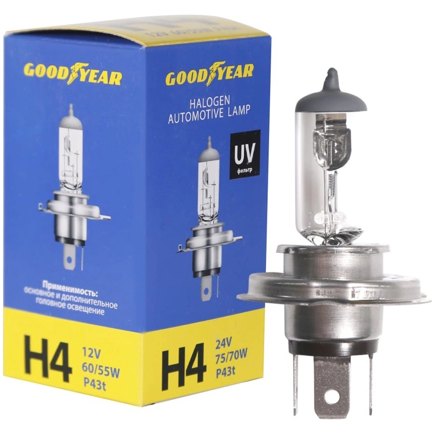 Лампа автомобильная галогенная Goodyear Н4 12V 60/55W P43t, GY014120 купить в отделе Автолампы магазина Экономстрой