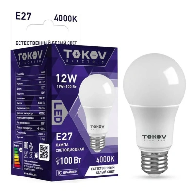 Лампа светодиодная груша TOKOV ELECTRIC, Е27, 12 Вт, А60, 4000К, 176-264 В купить в отделе магазина Экономстрой