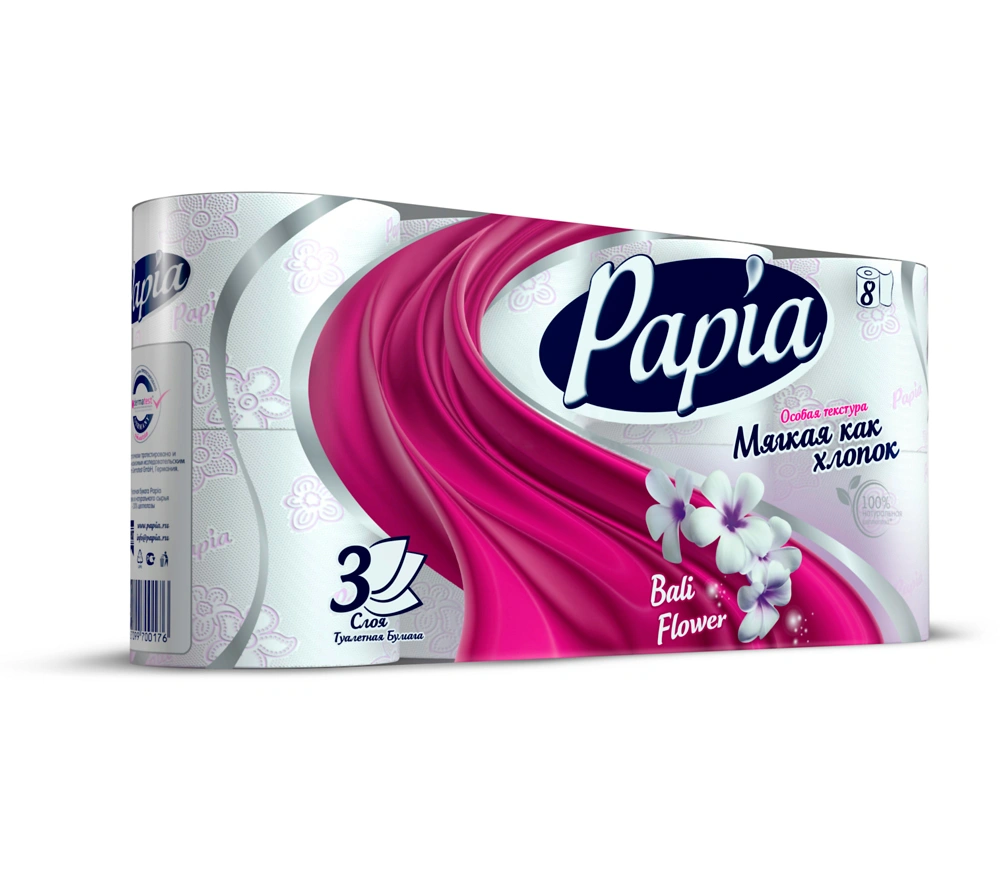 Бумага туалетная Papia 3-х слойная (8 шт) купить в отделе Туалетная бумага, салфетки магазина Экономстрой