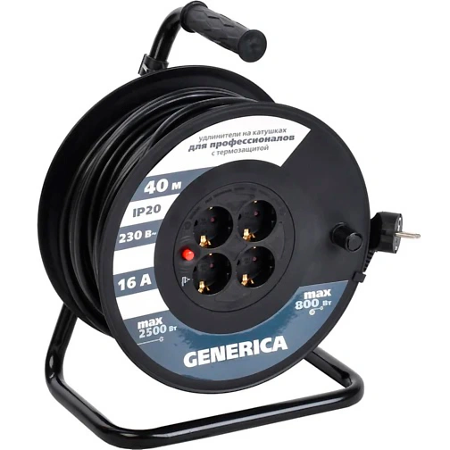 Катушка Generica УК40 с термозащитой, 4 гнезда, 2Р+РЕ/40 м, 3х1,5 мм2, IP20 купить в отделе Удлинители бытовые, катушки магазина Экономстрой