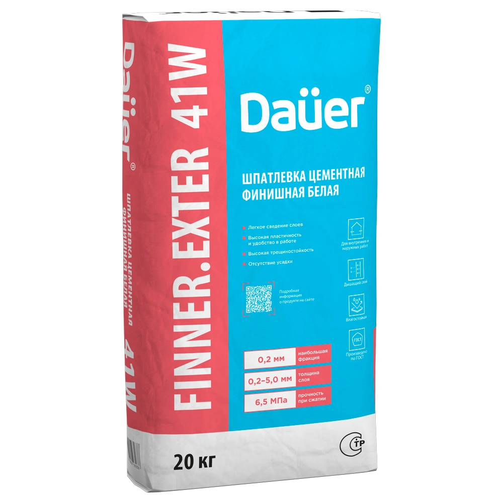 Шпатлевка цементная финишная Dauer finner exter 41w, белая, 20 кг купить в отделе Шпаклевки магазина Экономстрой