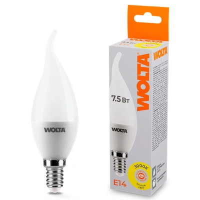Лампа светодиодная Wolta LED С37 25YCD7.5E14 / E14, свеча на ветру, 7,5 Вт, 625lm 3000K купить в отделе магазина Экономстрой