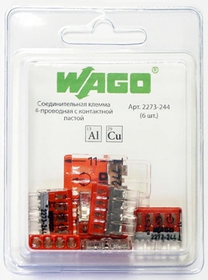 Клемма 2273-244-6 WAGO 4х(0,5-2.5 кв.мм) с пастой, красный  (упаковка 6 шт)