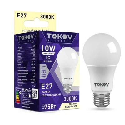 Лампа светодиодная груша TOKOV ELECTRIC, Е27, 10 Вт, А60, 3000К, 176-264 В купить в отделе магазина Экономстрой