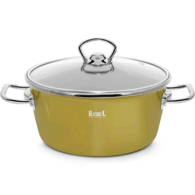 Кастрюля эмалированная Rashel R6018 оливковая со стеклянной крышкой, 2,1 л