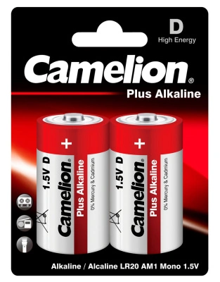 Батарейка алкалиновая Camelion LR20-2BL Plus Alkaline / D, 1,5V (2 шт)