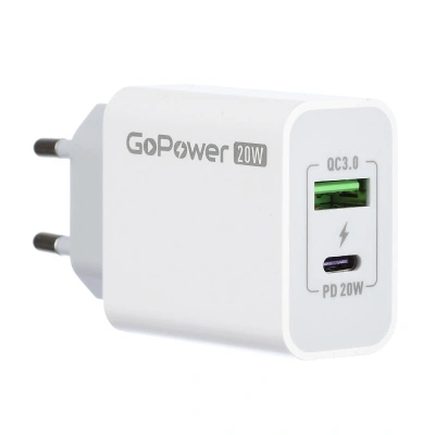 Сетевое зарядное устройство GoPower, 1USB+1, Type-C, 20W, адаптер, белый