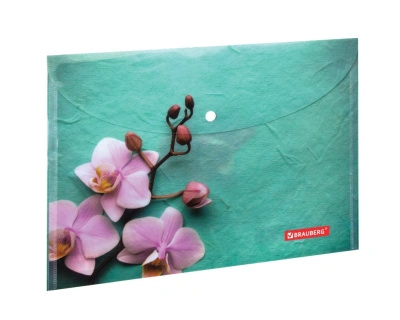 Папка-конверт с кнопкой BRAUBERG &quot;FLOWER&quot;, А4, 160 мкм, до 100 листов, цветная печать, 228031, 748599