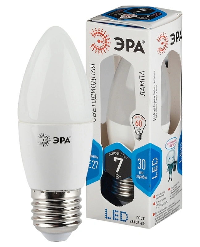 Лампа светодиодная Эра LED свеча матовая B35-7W-840-E27 560lm 4000К, Б0020540 купить в отделе Лампочки светодиодные магазина Экономстрой