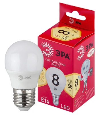 Лампа светодиодная Эра Red Line LED P45-8W-827-E14 R Е14 / E14, шар, 8 Вт, 640lm 2700К, Б0050697 купить в отделе магазина Экономстрой