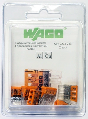 Клемма 2273-243-6 WAGO 3х(0,5-2.5 кв.мм) с пастой, оранжевый  (упаковка 6 шт)