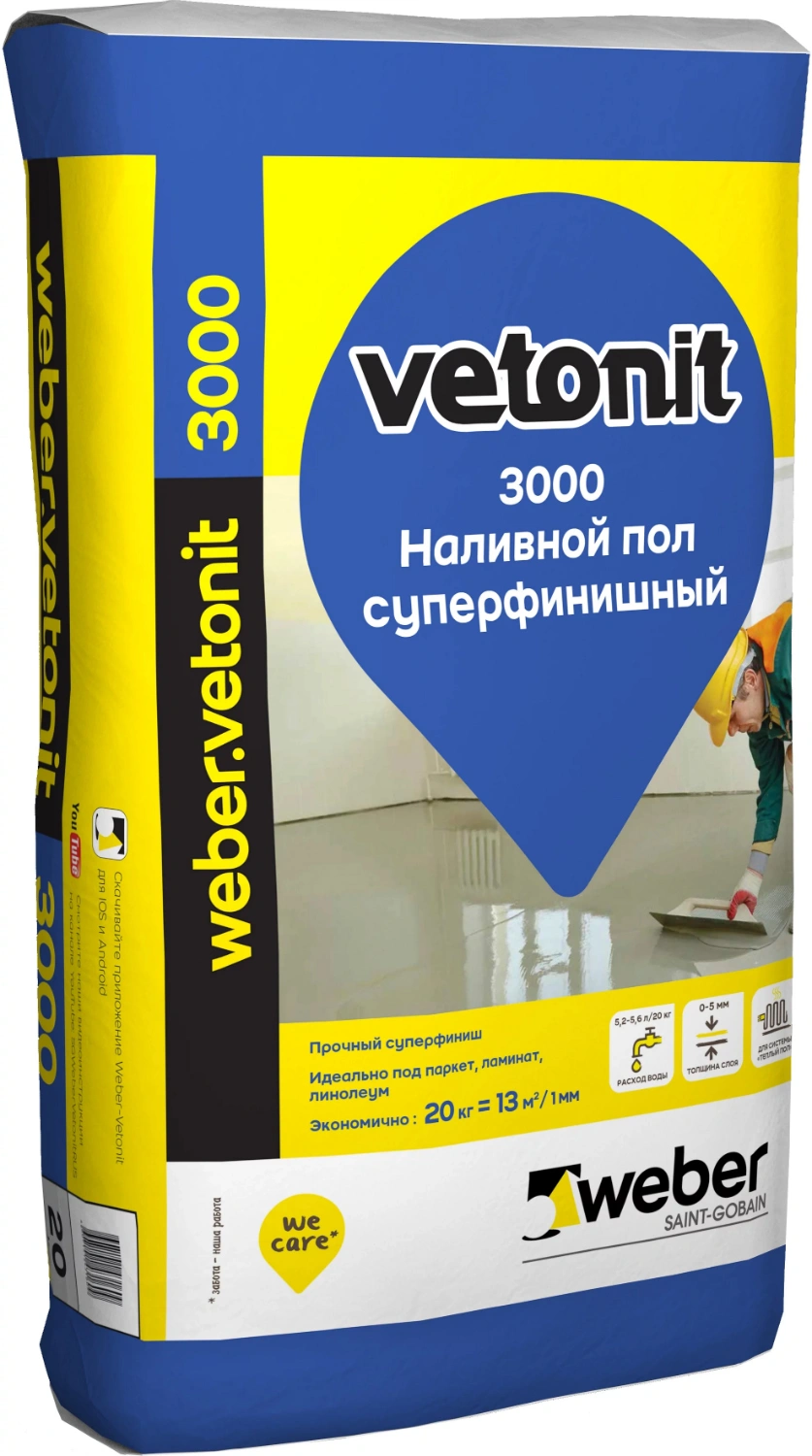 Наливной пол Weber Vetonit 3000 (0-5 мм) 20 кг купить в Москве: цена 1 440 ₽ - и