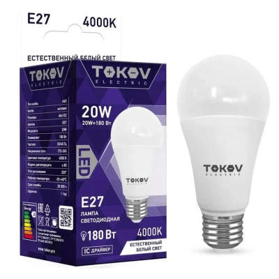 Лампа светодиодная груша TOKOV ELECTRIC, Е27, 20 Вт, А60, 4000К, 176-264 В купить в отделе магазина Экономстрой
