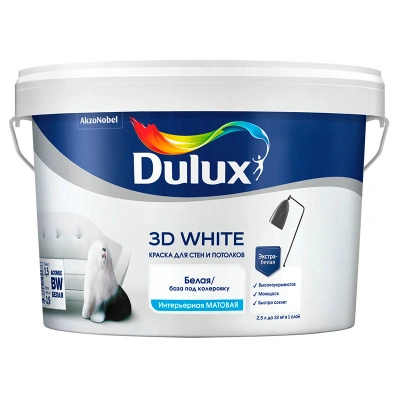 Краска ВД DULUX 9 л Новая ослепительно белая матовая 3D 10515