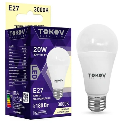 Лампа светодиодная груша TOKOV ELECTRIC, Е27, 20 Вт, А60, 3000К, 176-264 В купить в отделе магазина Экономстрой