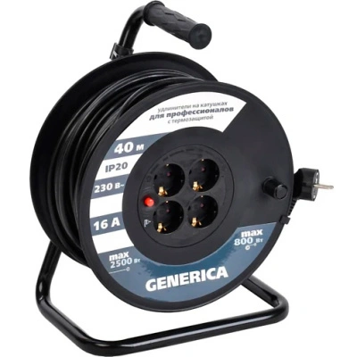 Катушка Generica УК40 с термозащитой, 4 гнезда, 2Р+РЕ/40 м, 3х1,5 мм2, IP20