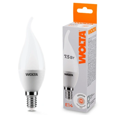 Лампа светодиодная Wolta LED С37 25SCD7.5E14 / E14, свеча на ветру, 7,5 Вт, 625lm 4000K купить в отделе магазина Экономстрой