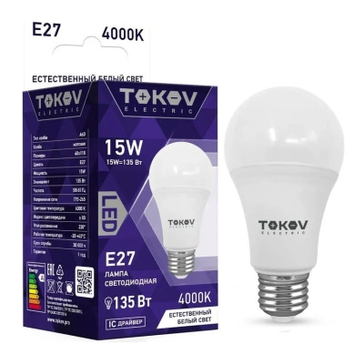 Лампа светодиодная груша TOKOV ELECTRIC, Е27, 15 Вт, А60, 4000К, 176-264 В купить в отделе магазина Экономстрой