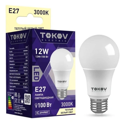 Лампа светодиодная груша TOKOV ELECTRIC, Е27, 12 Вт, А60, 3000К, 176-264 В купить в отделе магазина Экономстрой