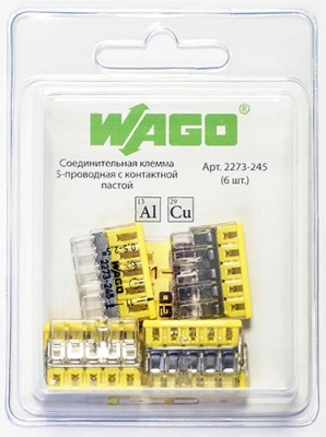 Клемма 2273-245-6 WAGO 5х(0,5-2.5 кв.мм) с пастой, желтый (упаковка 6 шт)