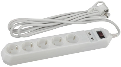 Сетевой фильтр USF-5es-1.5m-USB-W, 5 гнезд с заземлением + 2 USB, 1,5 м ЭРА