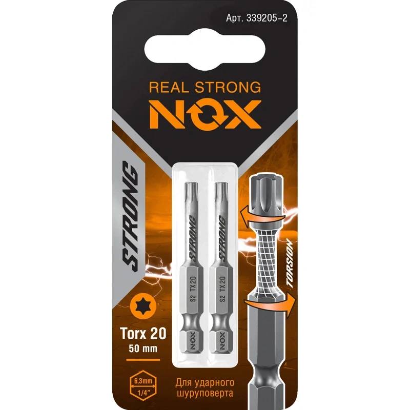 Бита торсионная E 6,3 TX20х50 мм, Nox Strong, S2, 339205-2 (2 шт/карта) купить в отделе Биты магазина Экономстрой