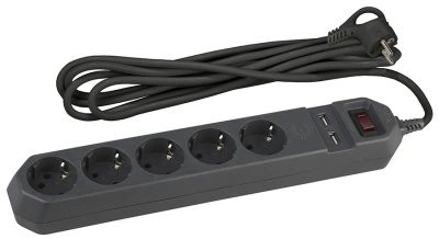 Сетевой фильтр USF-5es-1.5m-USB-W, 5 гнезд с заземлением + 2 USB, 1,5 м ЭРА