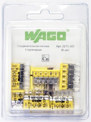 Клемма 2273-205-6 WAGO 5х(0,5-2.5 кв.мм) желтый  (упаковка 6 шт)